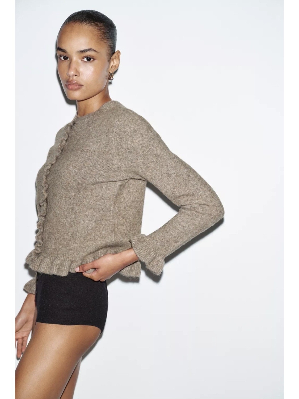 Zara Ruffle-Trim Knit Cardigan in Taupe